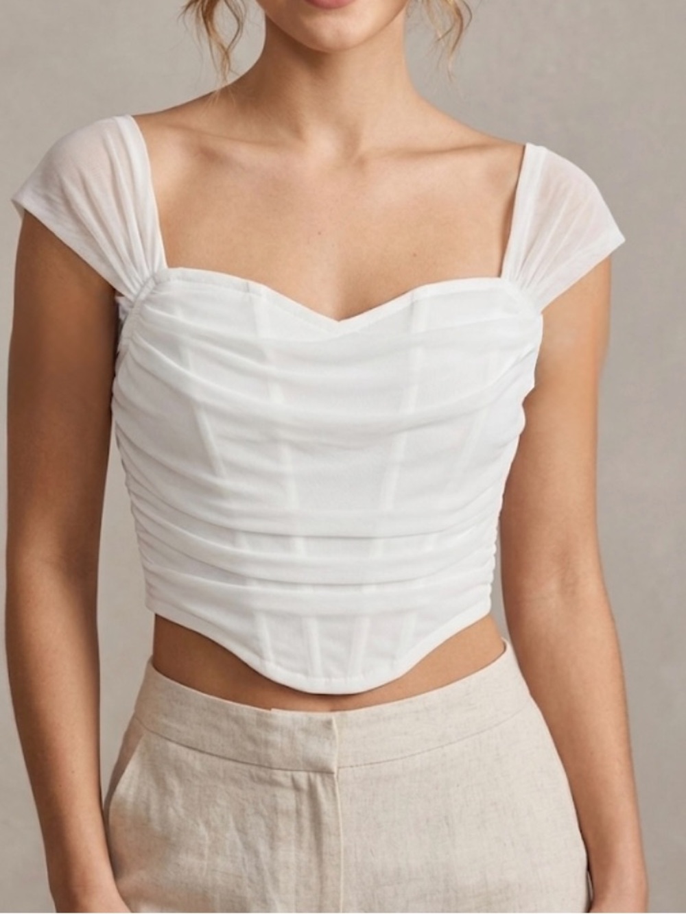 Ruched Sweetheart Mesh Cap-Sleeve Crop Top